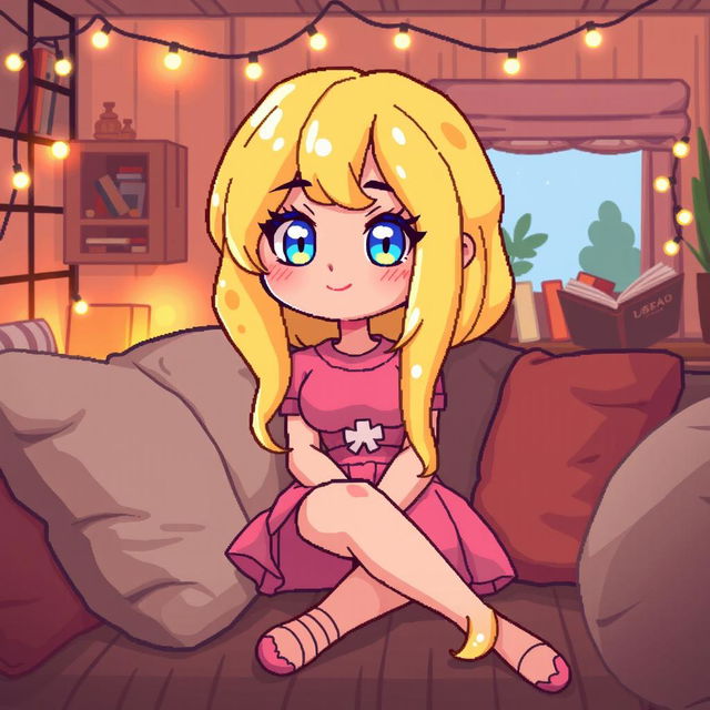 A pixel art depiction of a cozy adult avatar girl with liquid yellow hair that resembles cheese, bright blue eyes, and a smug expression