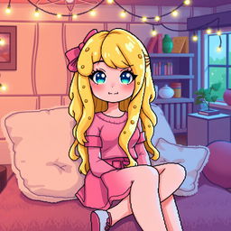 A pixel art depiction of a cozy adult avatar girl with liquid yellow hair that resembles cheese, bright blue eyes, and a smug expression