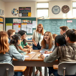 A vibrant classroom scene featuring a teenage girl sitting among her friends, both boys and girls, at a large desk