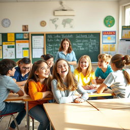 A vibrant classroom scene featuring a teenage girl sitting among her friends, both boys and girls, at a large desk