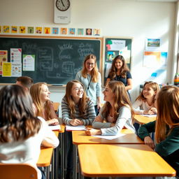 A vibrant classroom scene featuring a teenage girl sitting among her friends, both boys and girls, at a large desk