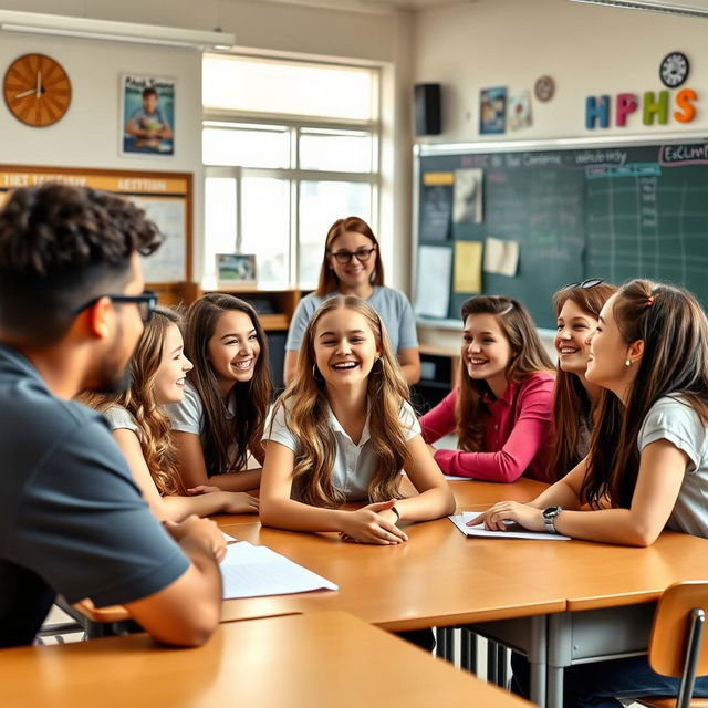 A vibrant classroom scene featuring a teenage girl sitting among her friends, both boys and girls, at a large desk