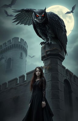 A mystical scene featuring a vampire owl perched atop the ancient, weathered stone walls of a haunted castle in a moonlit night