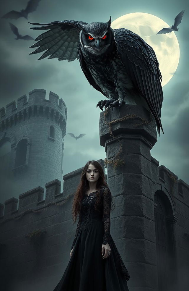 A mystical scene featuring a vampire owl perched atop the ancient, weathered stone walls of a haunted castle in a moonlit night