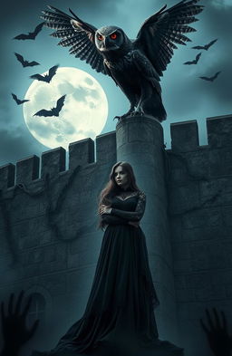 A mystical scene featuring a vampire owl perched atop the ancient, weathered stone walls of a haunted castle in a moonlit night