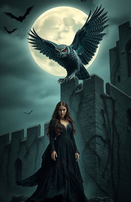 A mystical scene featuring a vampire owl perched atop the ancient, weathered stone walls of a haunted castle in a moonlit night