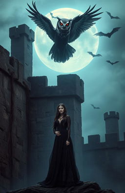 A mystical scene featuring a vampire owl perched atop the ancient, weathered stone walls of a haunted castle in a moonlit night