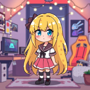 A pixel art depiction of a cozy adult avatar girl featuring liquid yellow hair that resembles cheese, bright blue eyes, a smug expression, and wearing a pink skirt