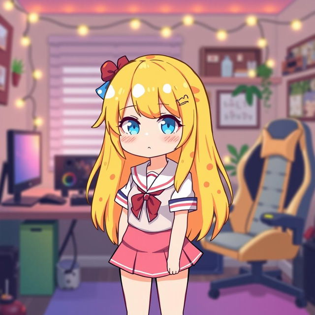 A pixel art depiction of a cozy adult avatar girl featuring liquid yellow hair that resembles cheese, bright blue eyes, a smug expression, and wearing a pink skirt