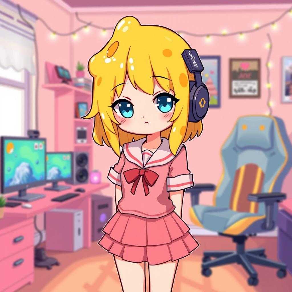 A pixel art depiction of a cozy adult avatar girl featuring liquid yellow hair that resembles cheese, bright blue eyes, a smug expression, and wearing a pink skirt