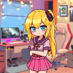 A pixel art depiction of a cozy adult avatar girl featuring liquid yellow hair that resembles cheese, bright blue eyes, a smug expression, and wearing a pink skirt