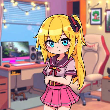 A pixel art depiction of a cozy adult avatar girl featuring liquid yellow hair that resembles cheese, bright blue eyes, a smug expression, and wearing a pink skirt