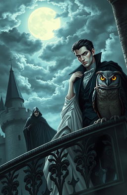 A captivating scene featuring a handsome vampire with striking features and piercing eyes, standing on a gothic castle balcony