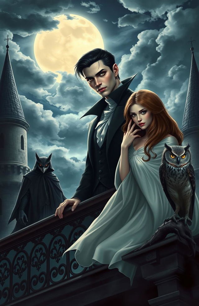 A captivating scene featuring a handsome vampire with striking features and piercing eyes, standing on a gothic castle balcony