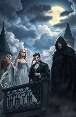 A captivating scene featuring a handsome vampire with striking features and piercing eyes, standing on a gothic castle balcony