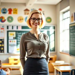 A short, attractive blonde teacher in a bright, inviting classroom