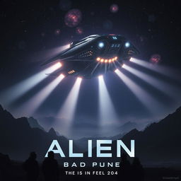 A dramatic alien spaceship landing in a dark, moody atmosphere, with bright beams of light emanating from its hull, illuminating the surrounding landscape