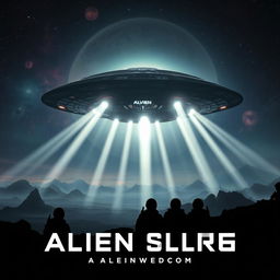 A dramatic alien spaceship landing in a dark, moody atmosphere, with bright beams of light emanating from its hull, illuminating the surrounding landscape