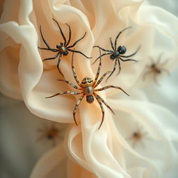 An elegant, whimsical artwork inspired by the theme of 'Chicanery' as envisioned by Eeva Roselle, featuring intricate and delicate spiders woven into beautiful and elaborate designs
