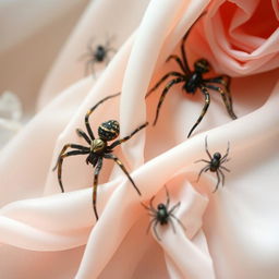 An elegant, whimsical artwork inspired by the theme of 'Chicanery' as envisioned by Eeva Roselle, featuring intricate and delicate spiders woven into beautiful and elaborate designs
