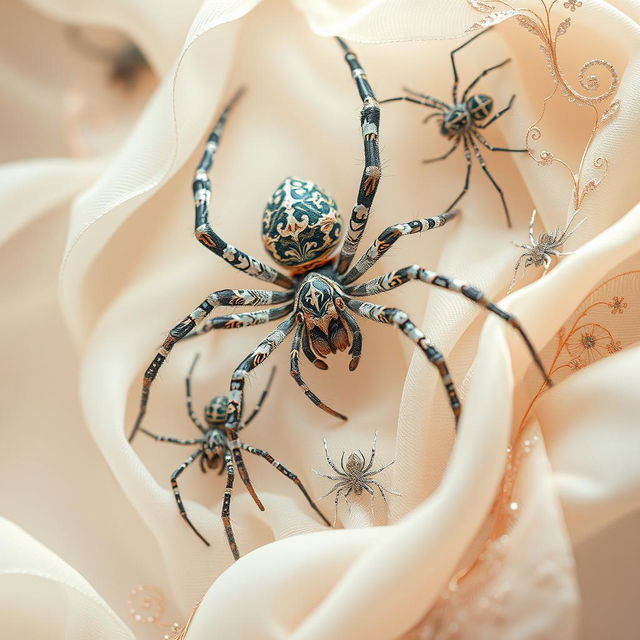 An elegant, whimsical artwork inspired by the theme of 'Chicanery' as envisioned by Eeva Roselle, featuring intricate and delicate spiders woven into beautiful and elaborate designs