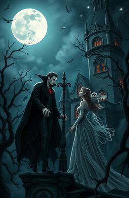 A romantic scene set in a gothic castle under a full moon