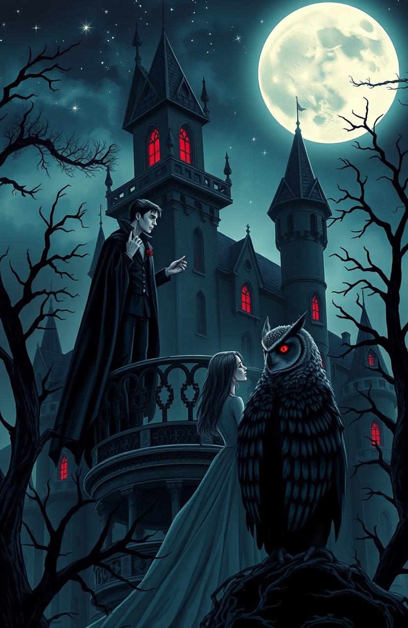 A romantic scene set in a gothic castle under a full moon