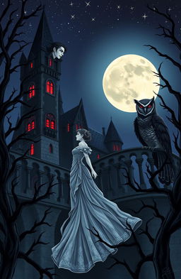 A romantic scene set in a gothic castle under a full moon