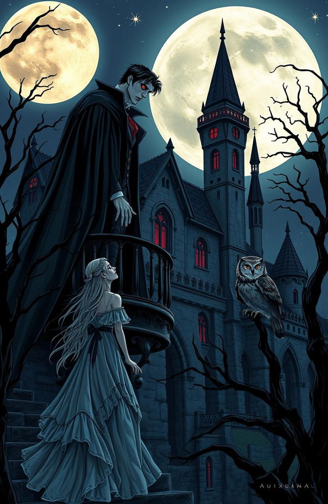 A romantic scene set in a gothic castle under a full moon