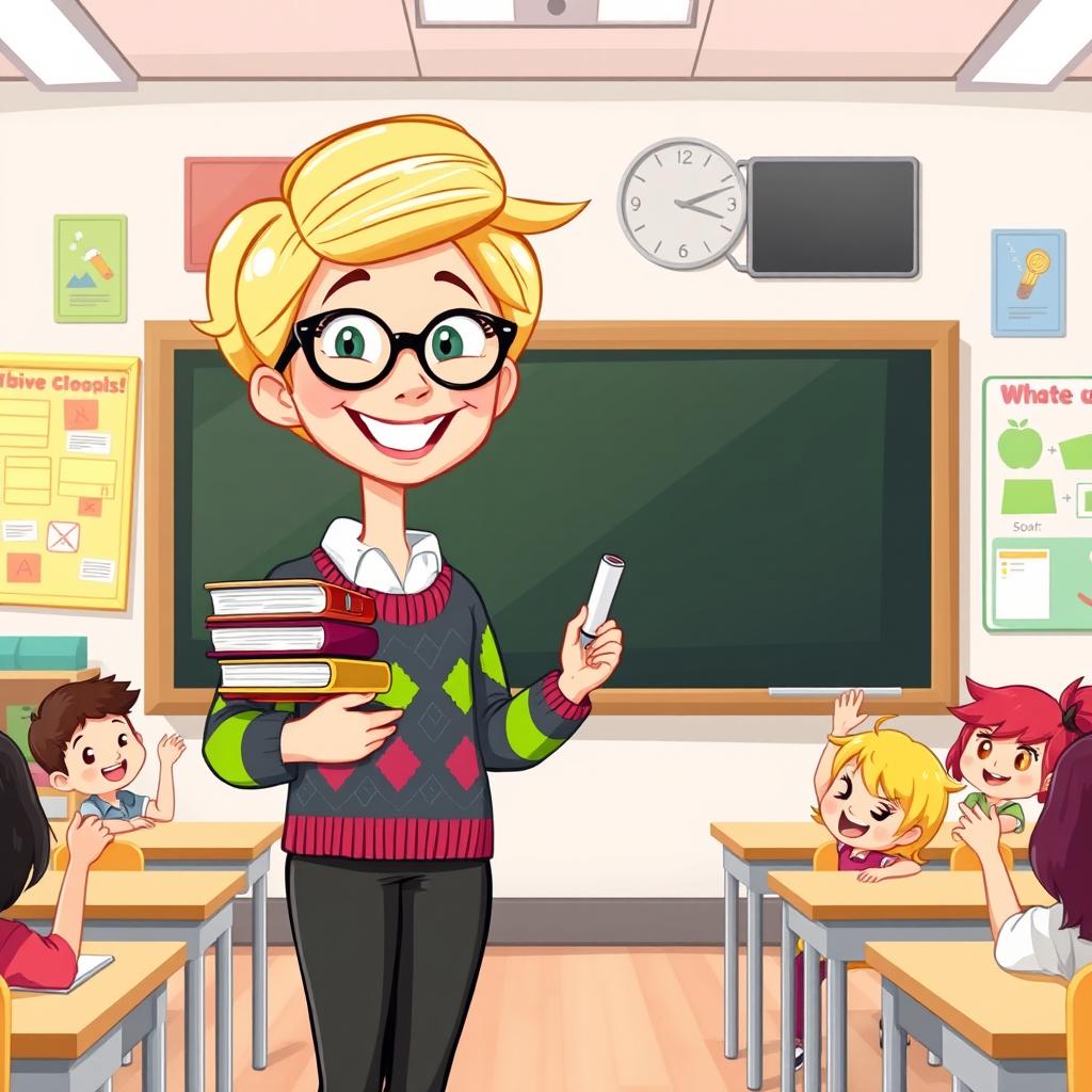 A cheerful cartoon of a short blonde teacher standing in front of a blackboard in a bright classroom, wearing glasses and a colorful sweater