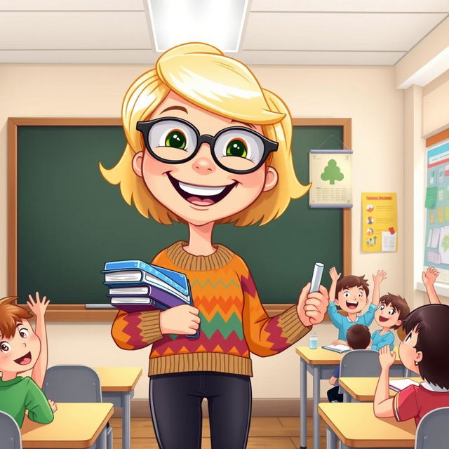 A cheerful cartoon of a short blonde teacher standing in front of a blackboard in a bright classroom, wearing glasses and a colorful sweater