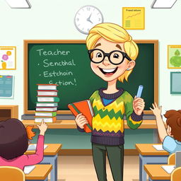 A cheerful cartoon of a short blonde teacher standing in front of a blackboard in a bright classroom, wearing glasses and a colorful sweater