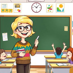 A cheerful cartoon of a short blonde teacher standing in front of a blackboard in a bright classroom, wearing glasses and a colorful sweater