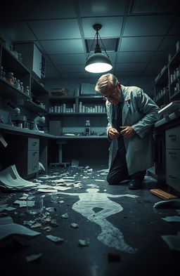 A dramatic scene depicting a science laboratory crime scene, with a chaotic atmosphere: a shattered beaker on the lab floor, papers scattered everywhere, and a detective examining evidence under a bright overhead light