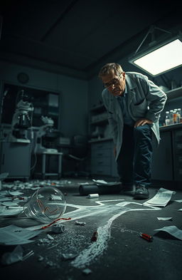 A dramatic scene depicting a science laboratory crime scene, with a chaotic atmosphere: a shattered beaker on the lab floor, papers scattered everywhere, and a detective examining evidence under a bright overhead light