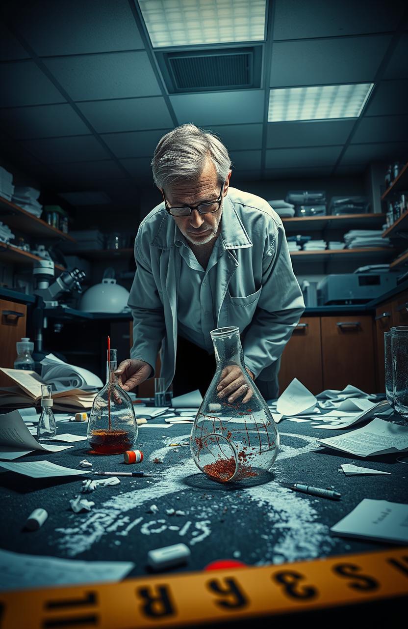 A dramatic scene depicting a science laboratory crime scene, with a chaotic atmosphere: a shattered beaker on the lab floor, papers scattered everywhere, and a detective examining evidence under a bright overhead light