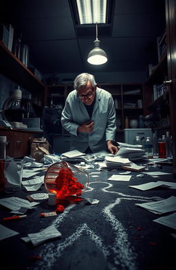 A dramatic scene depicting a science laboratory crime scene, with a chaotic atmosphere: a shattered beaker on the lab floor, papers scattered everywhere, and a detective examining evidence under a bright overhead light