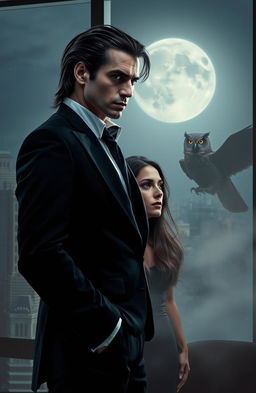 A cursed vampire businessman dressed in a sharp tailored suit, his face embodying both charm and a dark ominous aura