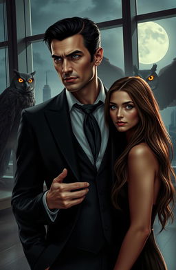 A cursed vampire businessman dressed in a sharp tailored suit, his face embodying both charm and a dark ominous aura