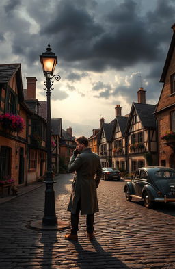 A thrilling murder mystery scene set in a quaint European village