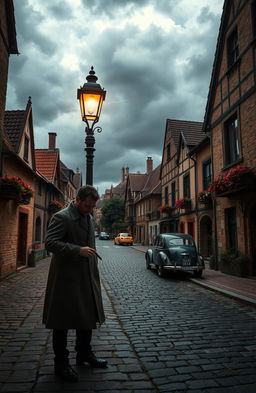 A thrilling murder mystery scene set in a quaint European village