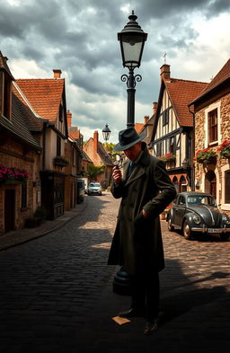A thrilling murder mystery scene set in a quaint European village