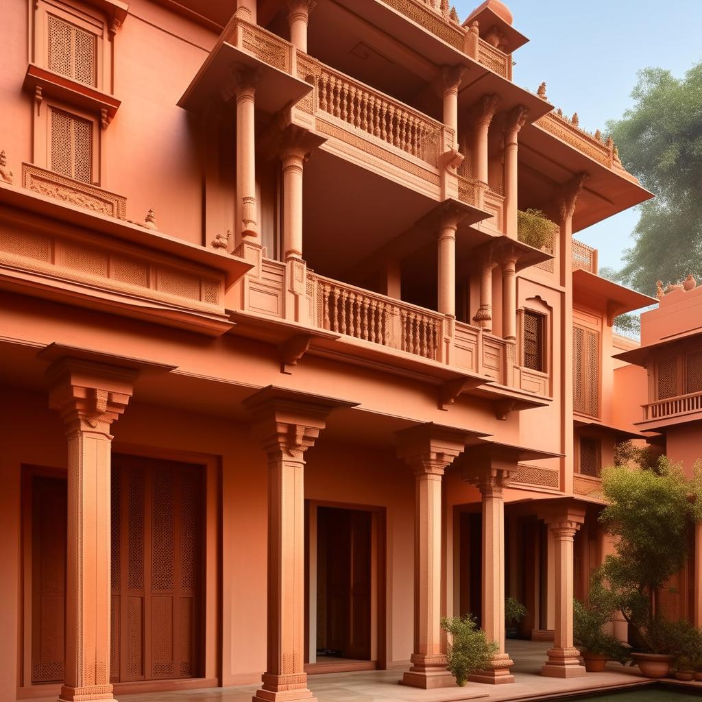 Generate an image of an Indian house design embodying traditional architectural elements such as courtyards, pillared balconies, and ornate latticework, fused with modern aesthetics for a refreshing look.