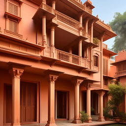 Generate an image of an Indian house design embodying traditional architectural elements such as courtyards, pillared balconies, and ornate latticework, fused with modern aesthetics for a refreshing look.