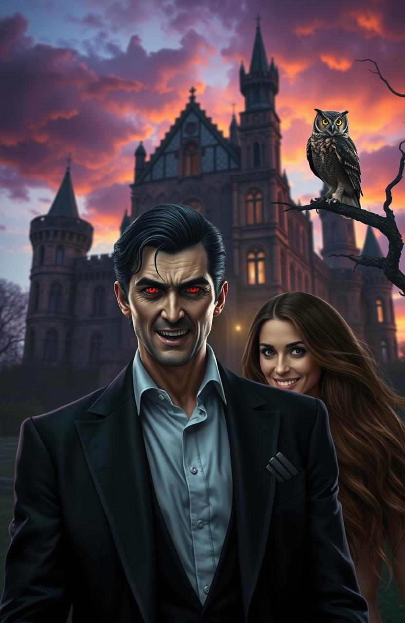 A cursed vampire businessman in a tailored suit, standing in front of an ancient, eerie castle