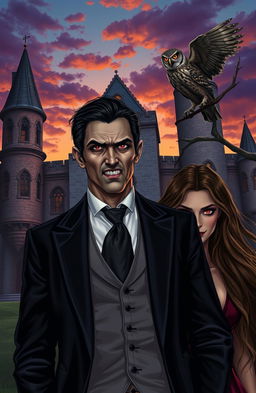 A cursed vampire businessman in a tailored suit, standing in front of an ancient, eerie castle