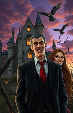 A cursed vampire businessman in a tailored suit, standing in front of an ancient, eerie castle