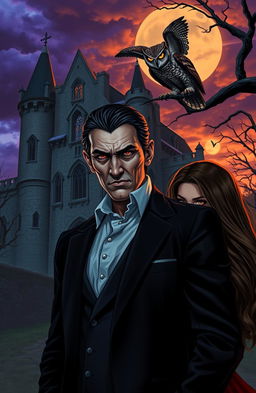 A cursed vampire businessman in a tailored suit, standing in front of an ancient, eerie castle