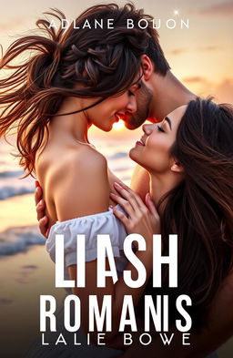 A captivating book cover for a contemporary romance novel featuring a passionate and intimate moment between a confident woman with long flowing brunette hair and a ruggedly handsome man with tousled dark hair, both lost in an intense gaze