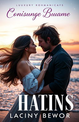 A captivating book cover for a contemporary romance novel featuring a passionate and intimate moment between a confident woman with long flowing brunette hair and a ruggedly handsome man with tousled dark hair, both lost in an intense gaze